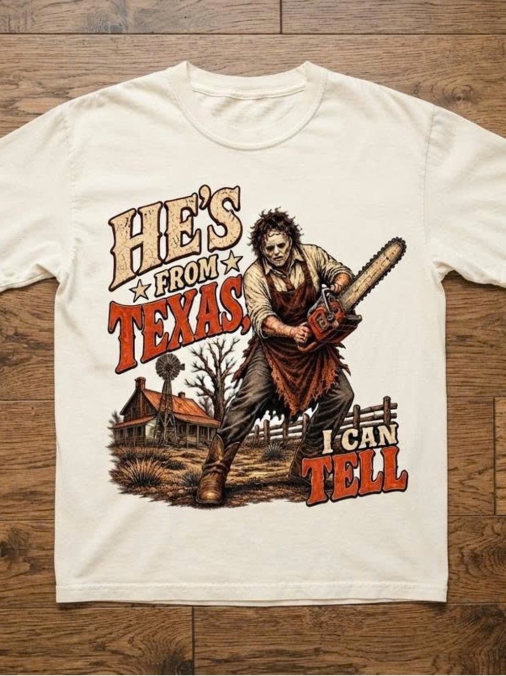 Cream Short-Sleeve Graphic Tee — 'He's From Texas' Chainsaw Design